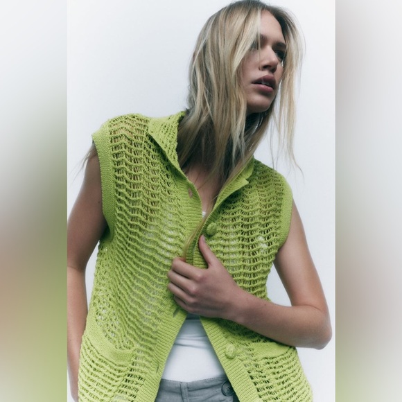 ZARA M Lime green chunky open knit textured vest - Picture 1 of 7